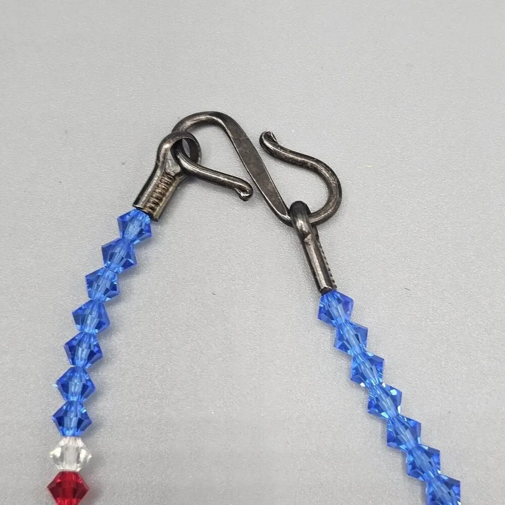 Red White Blue Necklace Aurora Borealis Square Crystal Bead Iridescent 22 in - Picture 7 of 8